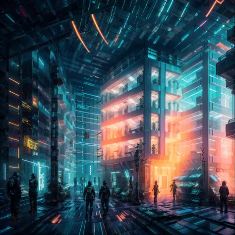 cyberpunk street market

a bustling underground market lit by neon signs, where humans and cyborgs interact. the stalls sell fut...