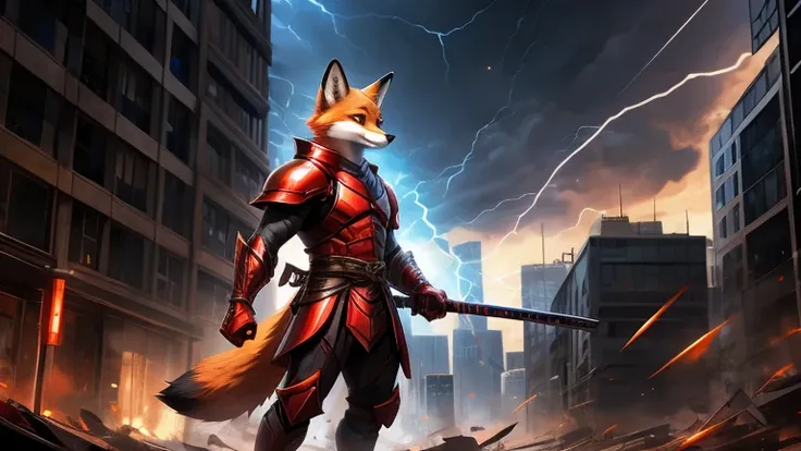 A male red fox wearing half-destroyed red metal armor was standing in the middle of the city while holding a katana that had an thunder aura