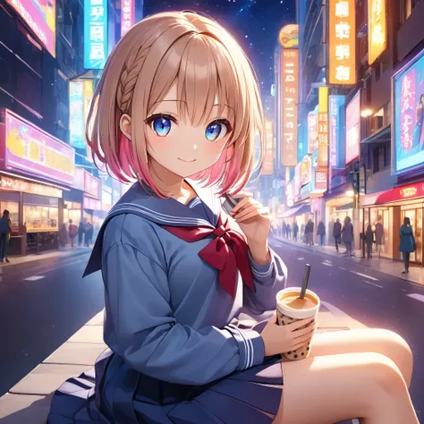 ((Yuki Asuna)), a beautiful teenage girl with a ((milk tea beige angled short bob hairstyle)), one side styled up with a partial braid, has ((heterochromia)) with one eye vivid pink and the other a distinctly different color, both featuring ((large anime e...