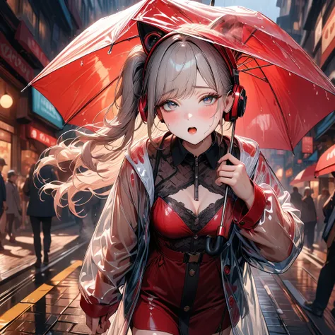 (best quality, masterpiece:1.2), 8k, very aesthetic, absurdres, high resolution, detailed face, official art, beautiful eyes, realistic, brown eyes, tareme, (side ponytail), long hair, silver hair, swept bangs, Mecha cat ears, headphone, food, (put on over...