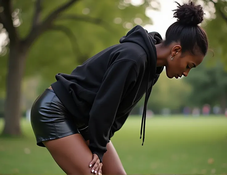 black woman hair in a bun black hoodie black leather short shorts up in her crack bending over getting fucked in the ass by a old ugly woman in a dress in a park
