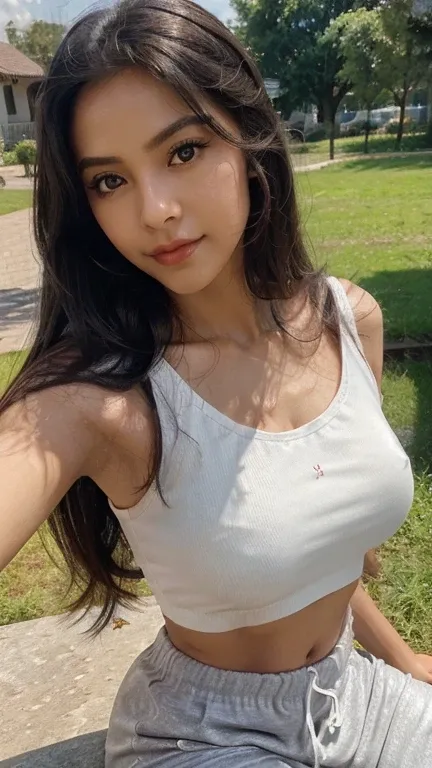 ((best qualtiy, 8K, tmasterpiece:1.3)), A pretty maiden，Pure，Melon seed face，gentle and cute，A sweet smile，Pure desire，Thin stature，(frontage)，(Tilt your head), (selfie pose), staring right into camera，Light gray top，(sweat pants)，Cropped shirt，Open navel，...