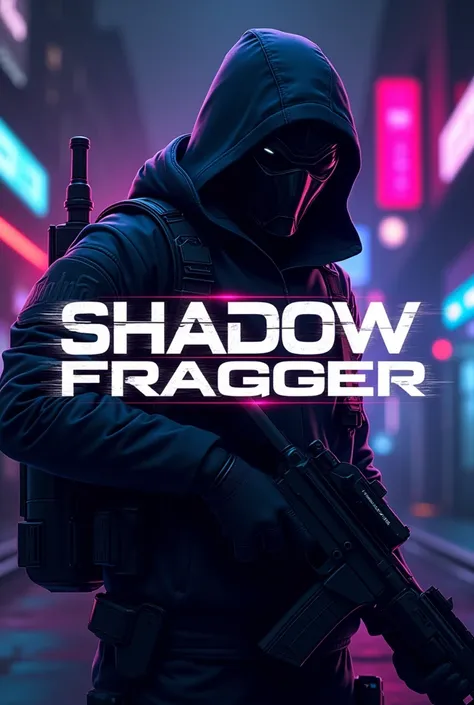 Create a dynamic Twitch banner with the name “Shadow Fragger” in bold, futuristic font. A shadowy figure should be partially visible in the background, reminiscent of a character from a tactical shooter game like “Valorant”. The figure should have stylisti...