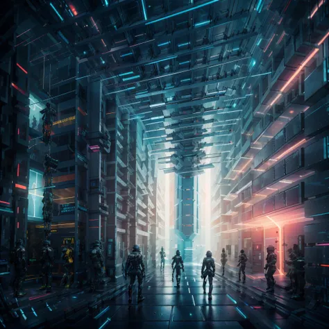 futuristic alleyway chase

a high-speed chase in a narrow cyberpunk alley, with characters in sleek armor running alongside wall...