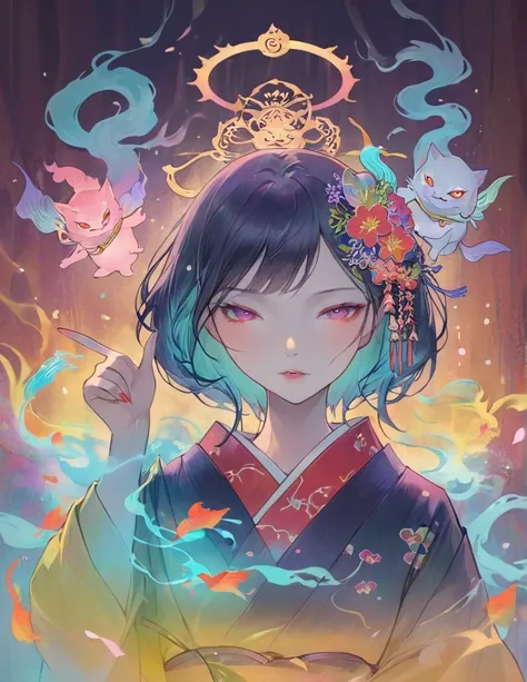 One Woman, Japanese Yokai, 美Shiiモンスターの肖像画を描く, 美Shii芸術, colorful, A halo is pointing, god々Shii