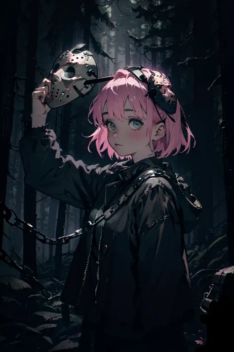 1girl,solo,cool,pink short hair,mask on face,hold a chain saw,like a jason voorhees,in forest,at night,dark,darkness,