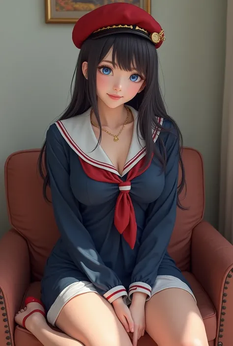 Realistic photo, 1 Japanese woman, clear blue eyes, Grinning, large volume breasts, sexy shaped body,  dressed in navy blue sailor dress with red sandals, I feel red and a French beret on the tip of his foot throwing it up, wearing a gold necklace with the...