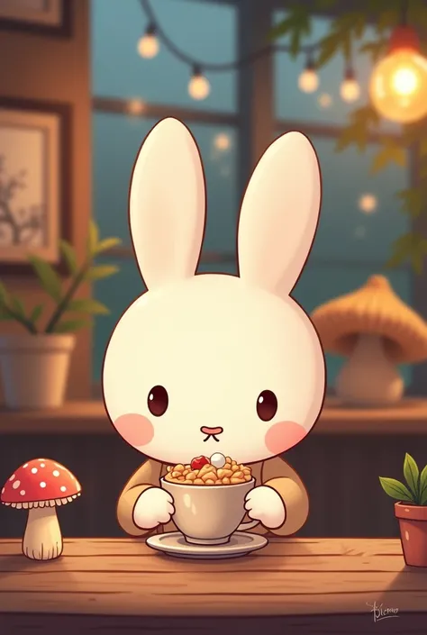 Cantoon rabbit miffy，in cafe，straw mushroom，Have refreshments，dusk，Romantic style￼