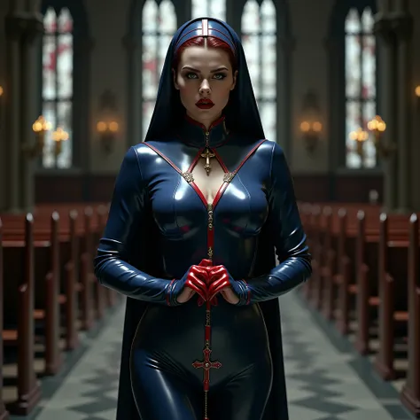 Femme, nonne, latex brillant, robe nonne latex bleu et rouge, cornette latex bleu rouge, couffe latex noir rouge,  talon aiguille vinyle rouge, lunettes fines, lèvres noir brillant, visage sévère méchant, regarde evil méchant, chapelet rouge brillant en ma...