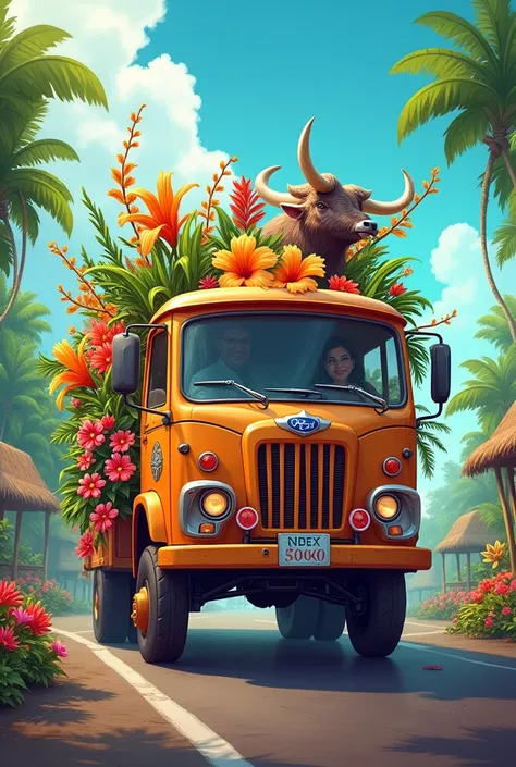 FLOAT BONGO TRUCK PARADE DESIGN, THE TRUCK SHOULD HAVE A DIFFERENT KIND FILIPINO PLANTS AND FLOWERS THAT REPRESENT PHILIPPINES, ALSO IN FRONT OF TRUCK VEHICLE IS A TAMARAW/BULL NOT A TRUE ONE, AT THE SIDE BY SIDE OF THE BULL/TAMARAW IS A FARMING CART OR KA...