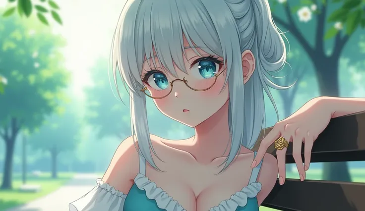 a white haired anime ladies with a half ponytail, oval face, ice blue eyes, pale skin, Thin glasses, White round hat,a white dress and a cyan skirt. Look at the ring that is placed on his Sweet finger, which is ring characterized by a golden ring, A small ...