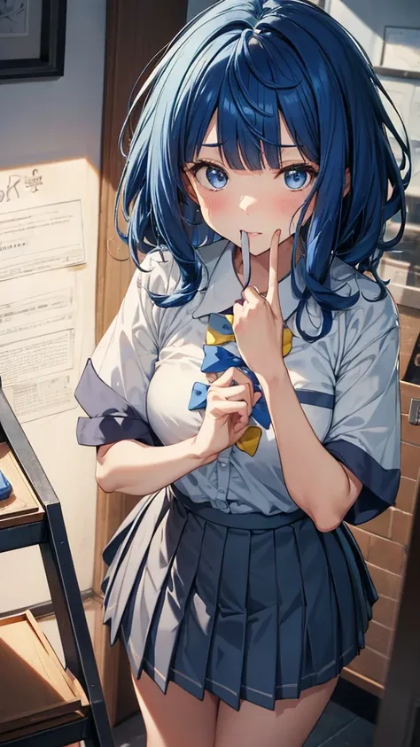 Yanami Anna,ahoge,medium hair,blue hair,sidelocks,blunt bangs,blue eyes,school uniform,collared shirt,white shirt,pocket,blue bow,yellow bow,short sleeves,medium breasts,skindentation,shirt tucked in,blue skirt,pleated skirt,black socks,loafers,masterpiece...