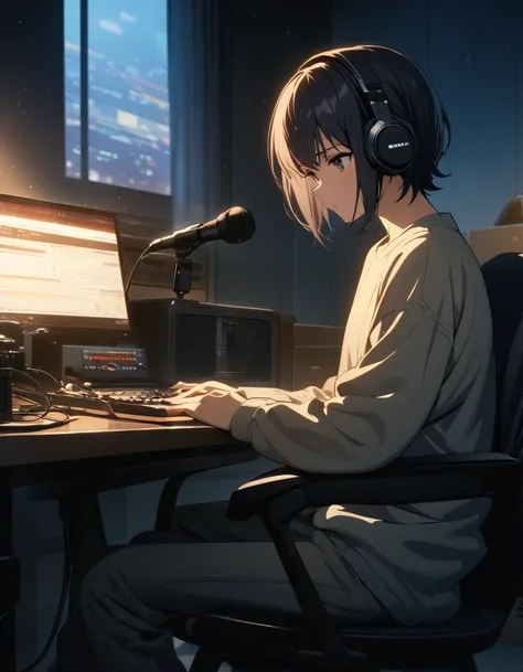 masterpiece, Ultra-high-definition CG, Highest quality, A calm boy, Do a radio broadcast, Warm lighting, midnight, Alone in the room, One person, Sitting in a chair, Dressed casually, Operating a computer