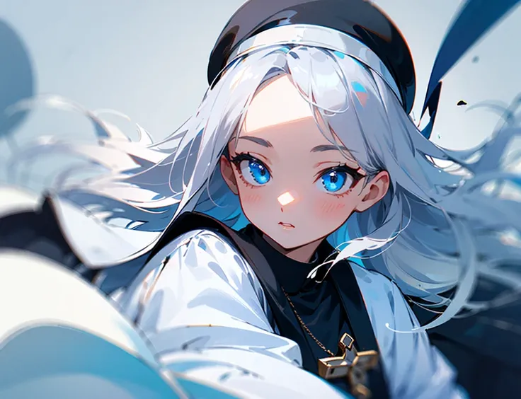 ((Ultra HD)), ((Highest quality)), (Detailed Details), ｛girl, Long silver hair, Blue Eyes, Nuns, Black Priest&#39;s Clothing, Beautiful body lines, 元気なgirl, Black Veil, Very big boobs, Glamorous figure, whole body, Golden Cross｝, ｛background:Inside the cav...