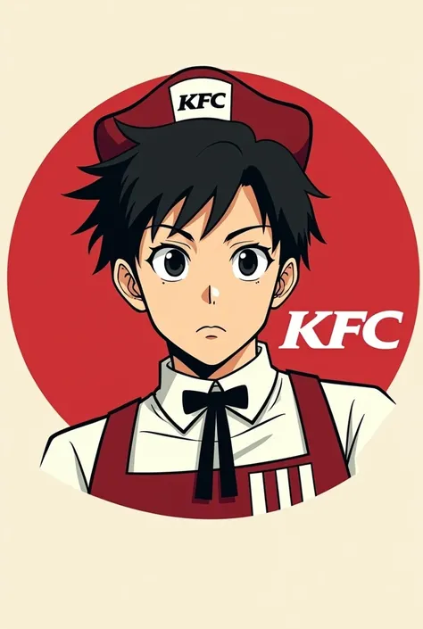 Create an anime-style logo similar to the KFC logo. The logo should have a solid red circular background with the KFC text on the right side. Replace the original figure with an Asian boy. The boy should have black, messy hair and black eyes. He should be ...