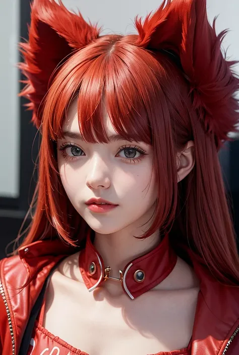 A girl with a collar,bangss, red hair, Animal hood, 