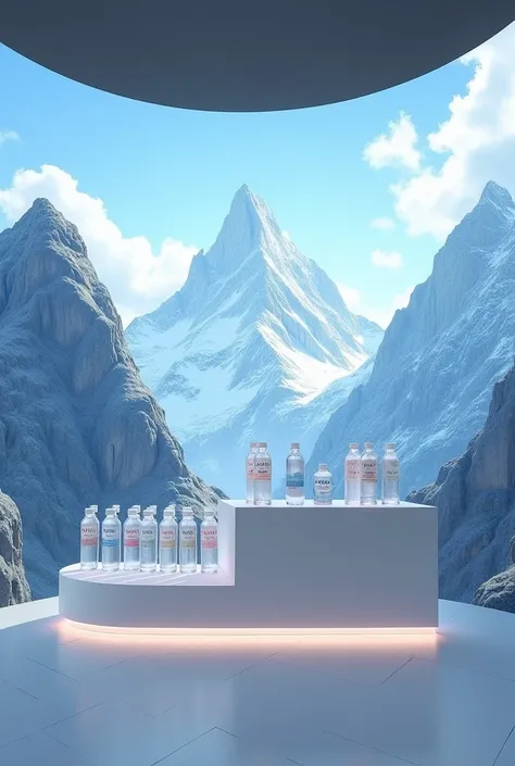 a display stand for evian that can hold water bottles and mountains 
