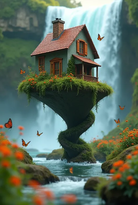 house tornado-shaped miniature, waterfall, butterfly, gloss, aesthetic, hyperreal studio photo