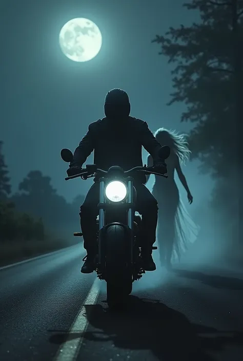 One men riding motorcycle and a ghost women follow him at night horror 