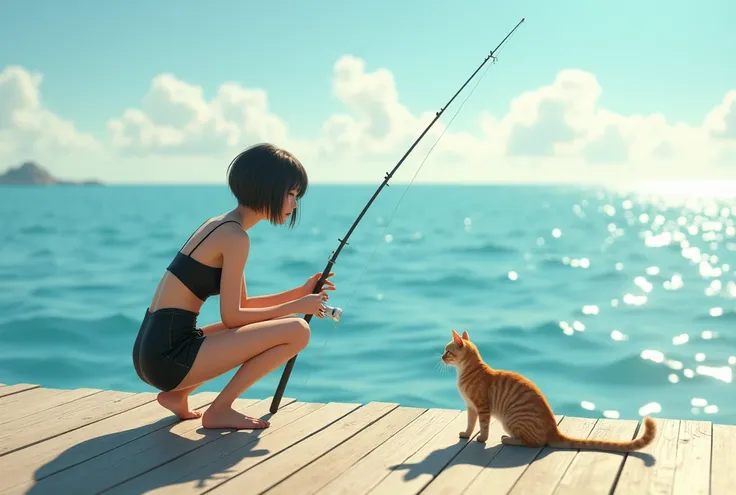 Summer pier, Young short-haired woman in shorts, Black tight dress, Crouched down and fishing, A black cat sitting beside her, The cat is looking at the sea, Not aware of the camera, side, Sunny summer afternoon, ((masterpiece, Highest quality, Best image ...