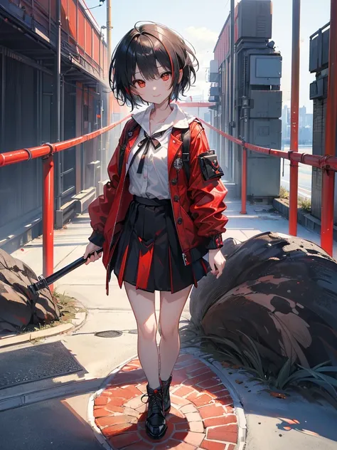 (masterpiece, highest quality, highest quality, (No text), Beautiful and aesthetic:1.2),No text,アニメ、BREAK,One Girl，Black Hair Girl　 adult　Short Hair　Older sister　Beautiful eyes　Red eyes　cool　smile　Black and Red　skirt　Black jacket　White clothing　Full Body O...