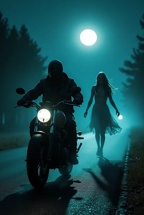 One men riding motorcycle and a ghost women follow him at night horror 