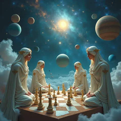 sign"?", "!", "!?", The Celestial Being are troubled by the placement of planets, as if playing chess, various planets, background the universe, the galaxy