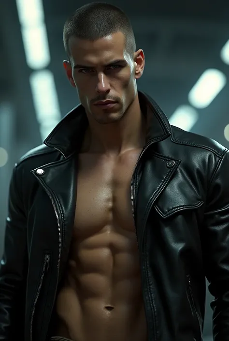 
(Best Quality, 4k, 8k, High resolution, masterpiece:1.2), ultra detailed, cyberpunk style face with a military style haircut, black leather jacket, toned abs, male, facial portrait
