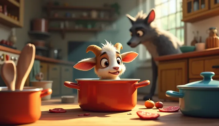 The Youngest Goat Hiding in a Large Pot, Watching the Wolf
Inside the kitchen, the smallest goat is hiding inside a large cooking pot, peeking out slightly with wide, frightened eyes. The wolf, having captured the other goats, is leaving the house unaware ...