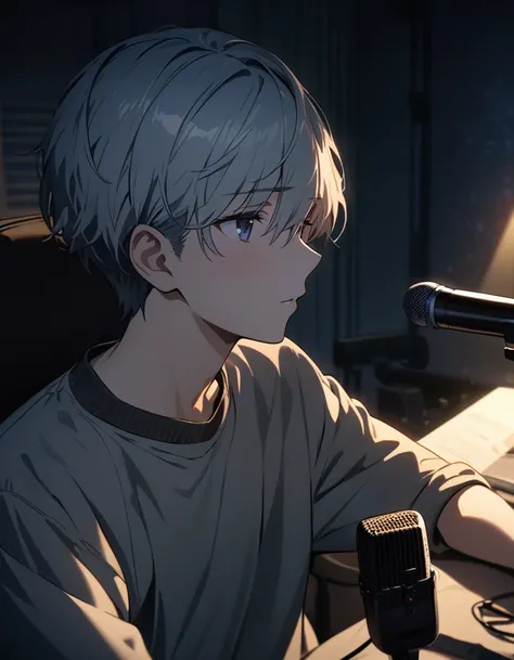 masterpiece, Ultra-high-definition CG, Best Quality, Calm young man, Do a radio broadcast, Warm lighting, midnight, Alone in the room, One person, Sitting in a chair, Dressed casually, Talking into a microphone, Face close up