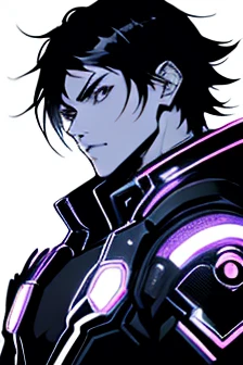 Black and White、Monochrome、No background、whole body, Anime boy in futuristic clothes drawn in black and white、Black Hair, Cyberpunk Anime Boy, Mecha Cyber Armor Boy.