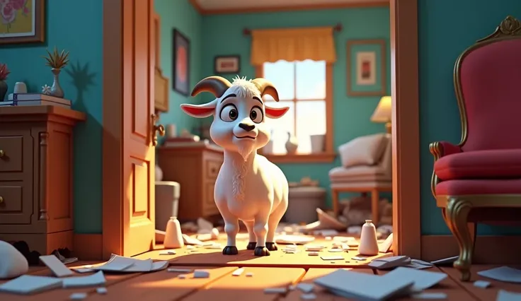 Mother Goat Discovering the Chaos Inside the House
The mother goat stands at the open door of her cottage, shocked and devastated by the mess inside. Broken furniture, scattered belongings, and an open door indicate that something terrible has happened.
3D...