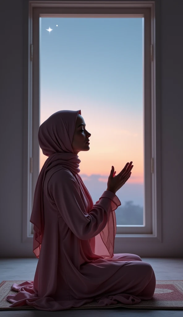 A photo of a Muslim woman dressed in a pink hijab and abaya, sitting on a prayer mat near a window. The woman is shown in a serene position, making dua (supplication) with hands raised, as if deeply engaged in prayer. The open window allows a soft night sk...