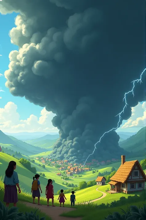 3d cartoon A dark cloud descends over the valley, threatening to destroy the crops and endanger the villages livelihood.