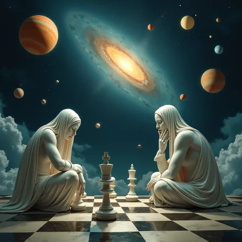 sign"?", "!", "!?", The Celestial Being are troubled by the placement of planets, as if playing chess, chess pieces are made of planets, various planets, background the universe, the galaxy