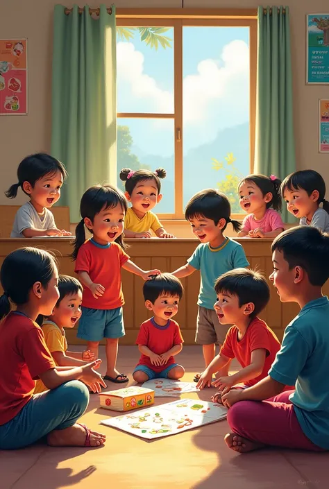 A Painting Of Group Of Nepali  Kids Playing With educational materails in a school, Childrens Day, Childrens Day  Nepal, Childrens Day Nepal. High quality image
