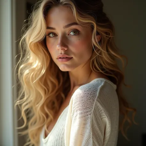 Beautiful woman with long curly blonde hair, brown eyes, fair skin with freckles, wearing a white woolen t-shirt, her body details are clear