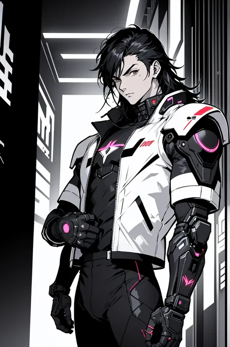 Black and White、Monochrome、No background、whole body, Anime boy in futuristic clothes、Black Hair, Cyberpunk Anime Boy, Mecha Cyber Armor Boy.