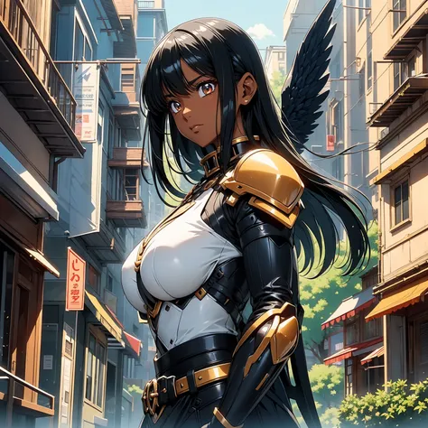 a big anime lady with armor and giant wings in the background, with a small street and small buildings, 1girl, breasts, black hair, dark skin, long hair, dark-skinned female, science fiction