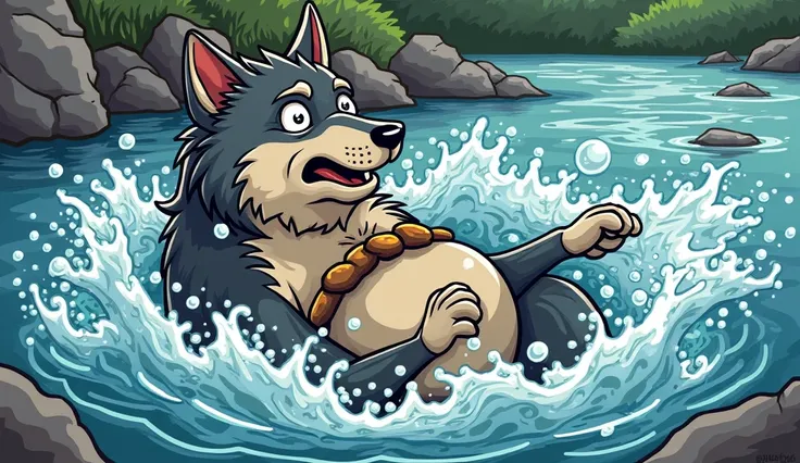 11. The Wolf Falling into the River, Drowning Under the Weight of the Stones
The wolf, struggling to walk with his heavy stomach full of stones, stumbles and falls into a rushing river. The water splashes around him as he loses balance and sinks, disappear...