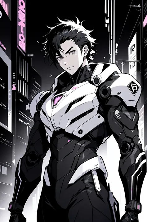 Black and White、Monochrome、No background、whole body, Anime boy in futuristic clothes、Black Hair, Cyberpunk Anime Boy, Mecha Cyber Armor Boy.