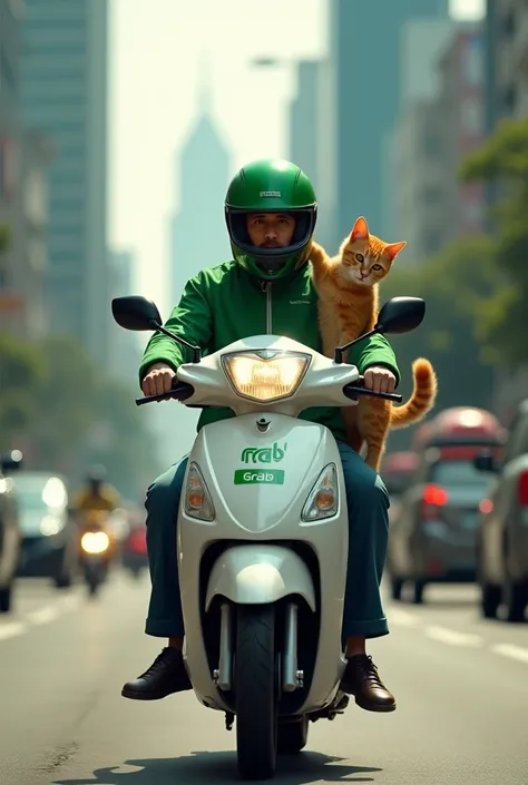 Indonesian Grab driver, riding at city, using white matic motorcycle, using green jacket with green helmet, a orange cat eating something in helmet