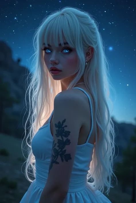 Full body picture, dark theme, midnight under galaxy sky, from side, Super long fiberoptic hair、Beautiful blonde ethereal girl posing in a white top、messy bangs in front of me、bangs on the face、bangs over eyes、Blonde hair above the eyes、Real Life Beautiful...