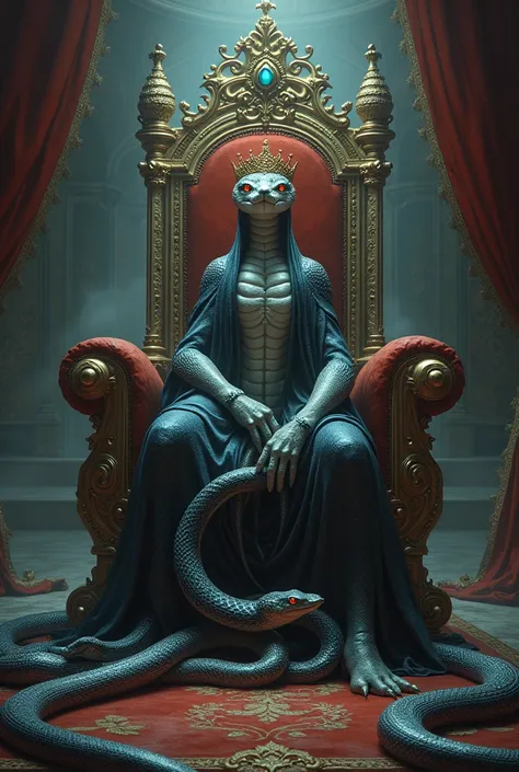 A snake with a crown on a throne and 3 more snakes around it