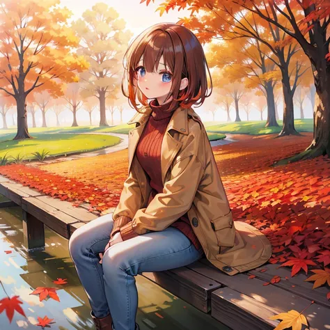 Masterpiece, best quality, high quality, 1girl, Solo, sitting under an autumn tree, orange and red leaves, cozy atmosphere, has short Brown hair, has Hair between the eyes, has Blue eyes, beautiful detailed eyes, beautiful detailed lips, long eyelashes, we...