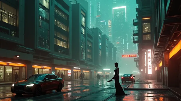 A fantasy city at night, maze-like streets, integrated-circuit-like buildings, 1920s cars, very dark sky, dark background. High-resolution OLED GUI interfaces in the building, The windows are filled with transparent data visualization infographics, close-u...