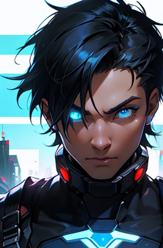 whole body,  Futuristic、Blue eyes and black hair, Cyberpunk Anime Boy, Mecha Cyber Armor Boy.One eye glows