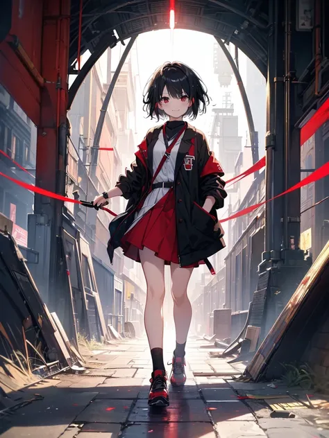 (masterpiece, highest quality, highest quality, (No text), Beautiful and aesthetic:1.2),No text,anime、BREAK,One Girl，Black Hair Girl　 adult　Short Hair　Older sister　Beautiful eyes　Red eyes　cool　smile　Black and Red　skirt　Black jacket　White clothing　Full Body...