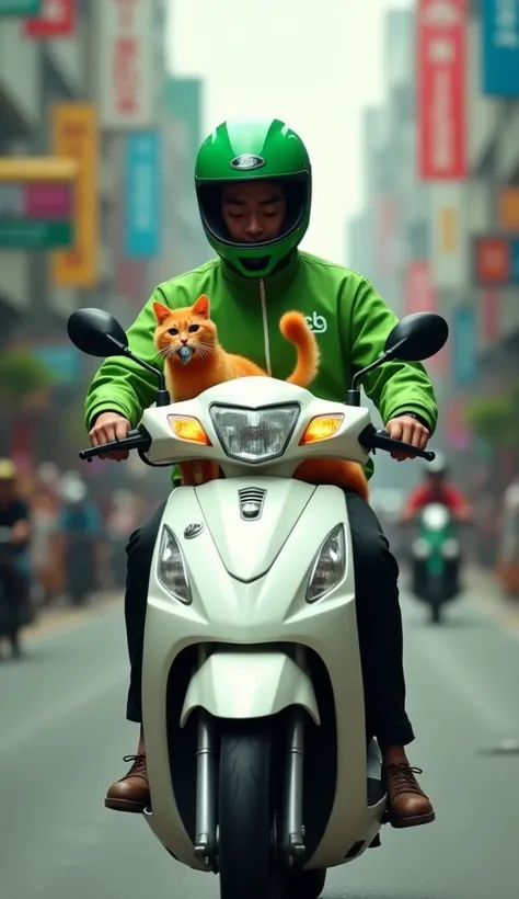 Indonesian Grab driver, riding at city, using white matic motorcycle, using green jacket with green half face helmet, a orange cat eating something fish