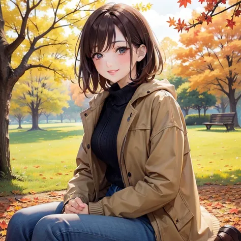 Masterpiece, best quality, high quality, 1girl, Solo, sitting under an autumn tree, orange and red leaves, cozy atmosphere, has short Brown hair, has Hair between the eyes, has Blue eyes, beautiful detailed eyes, beautiful detailed lips, long eyelashes, we...